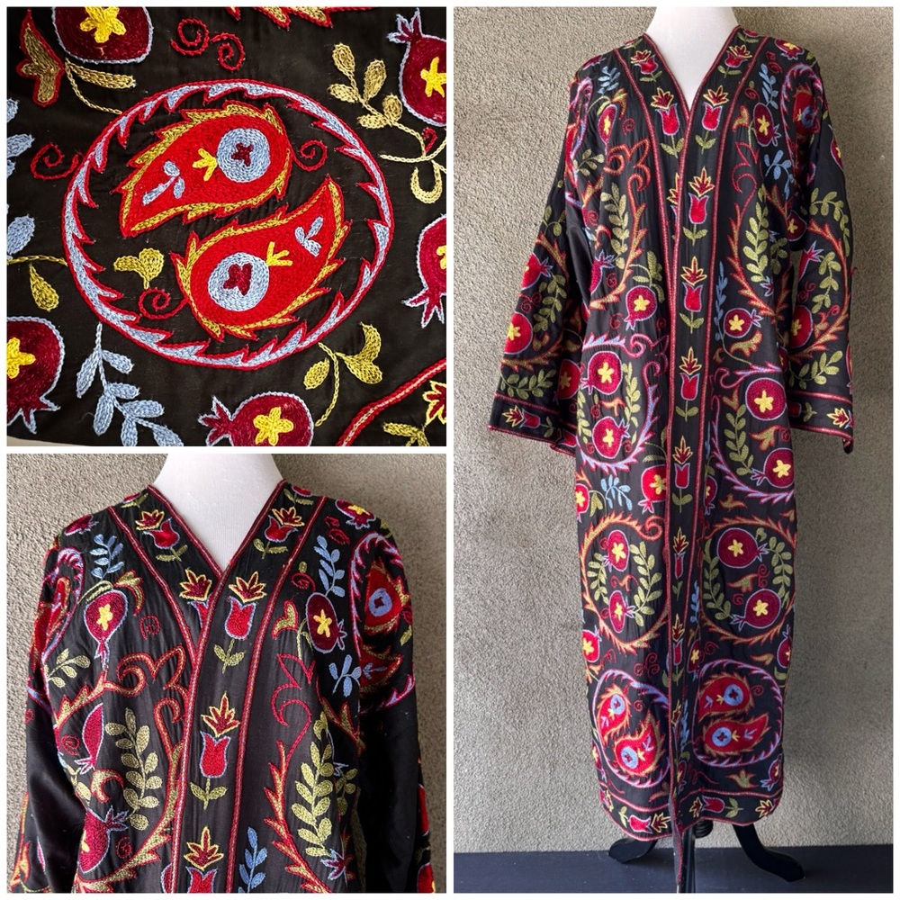 Handmade Uzbek Organic Silk Embroidered Suzani Kimono Chapan Coat Robe Vintage